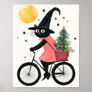Póster Navidades locos de ciclismo de gato negro y espelu