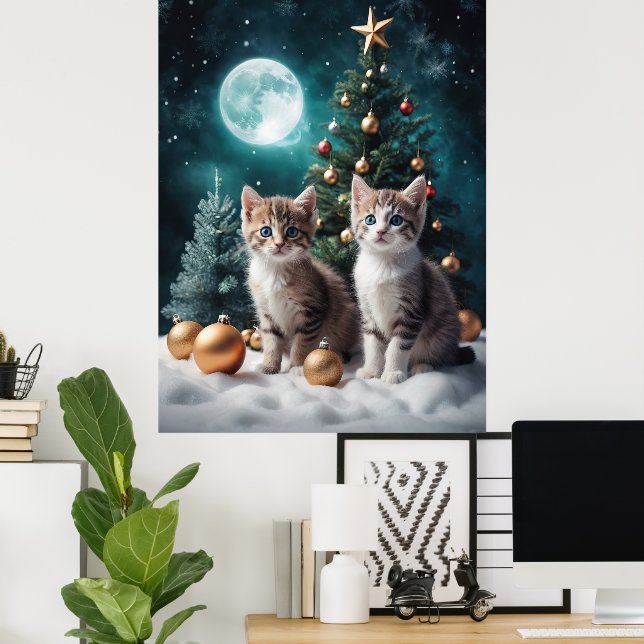 Póster Navidades mágicos ven con gatitos por árbol (Oficina en casa)