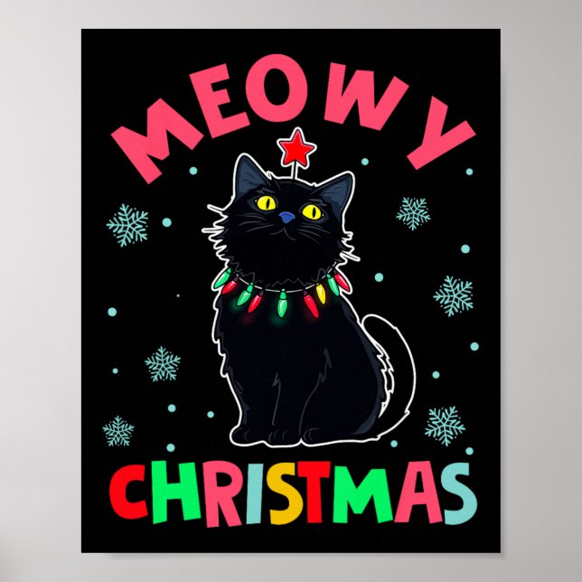Póster Navidades Meowy Xmas ilumina pijamas de gato negro (Frente)