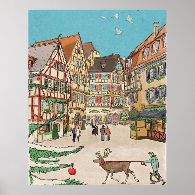 Póster Navidades Mercado Estrasburgo Francia Retro (Frente)