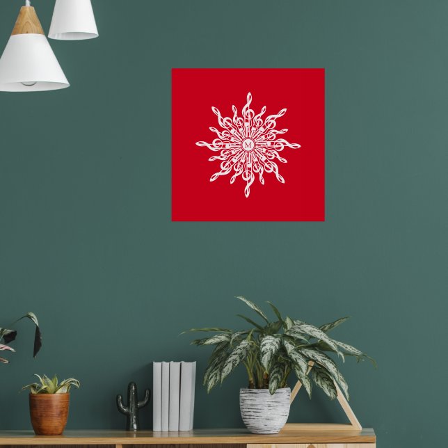 Póster Navidades Monograma Ornamental Rojo G-Clef Snowfla (Salón 1)