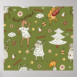 Póster Navidades Oveja: Ilustracion de la Vintage Animal.