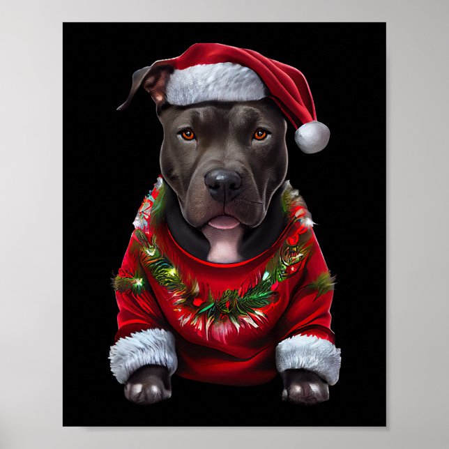 Póster Navidades Pitbull Dog con Gorra de Papá Noel y Sw (Frente)
