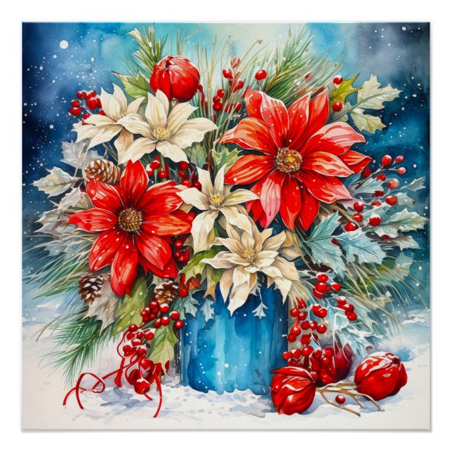 Póster Navidades Poinsettia y Berries Bouquet (Anverso)