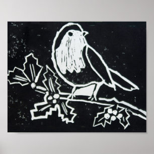 Póster Navidades Red Robin con Holly en blanco y negro