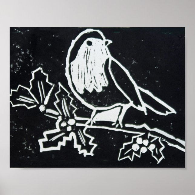 Póster Navidades Red Robin con Holly en blanco y negro (Frente)