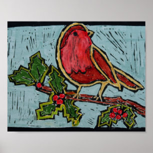 Póster Navidades Red Robin, Green Holly Red Berries