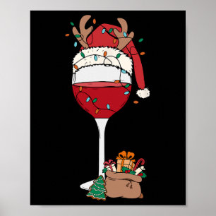 Póster Navidades Red Wine Glass Santa Hat Reindeer Fun Xm