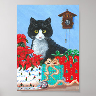Póster Navidades Regalo Tuxedo Cat Poinsettias Creationar