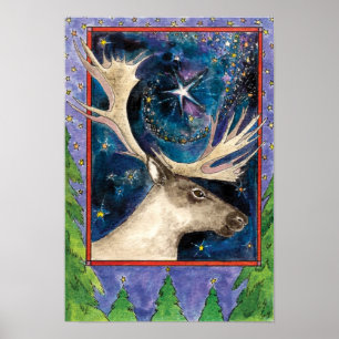Póster Navidades renos de noche con una estrella brillant