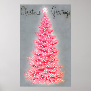 Póster Navidades retro poster de árbol rosa de vacaciones