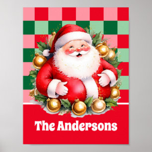 Póster Navidades Retro Santa Claus Tartan Plaid