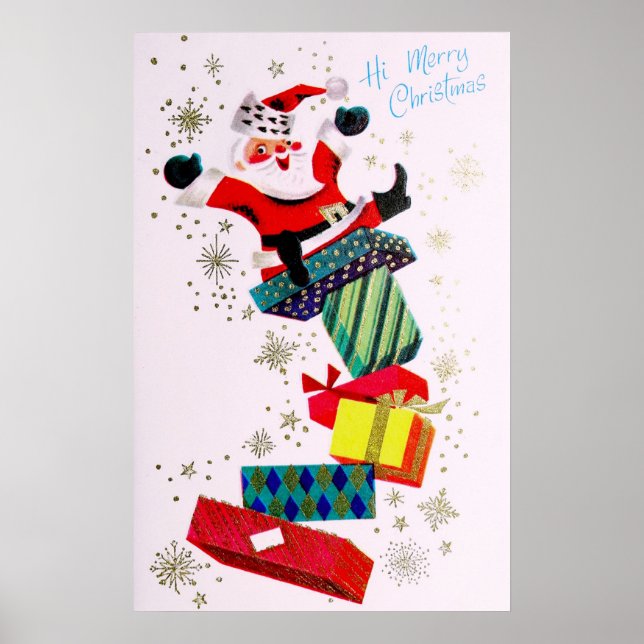Póster Navidades retro vintage Santa presenta poster (Frente)