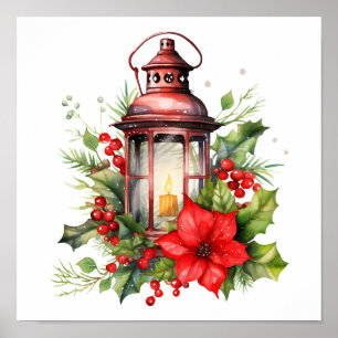 Póster Navidades rojos Lantern Poinsettia y Pine