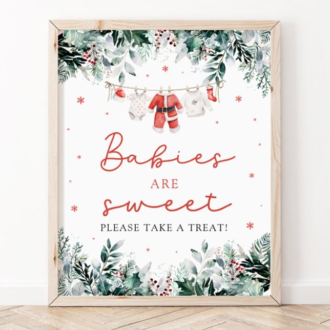Póster Navidades rojos Los bebés de Santa Bebé son dulces (Watercolor Red Christmas Santa Babies Are Sweet Take a Treat Sign)