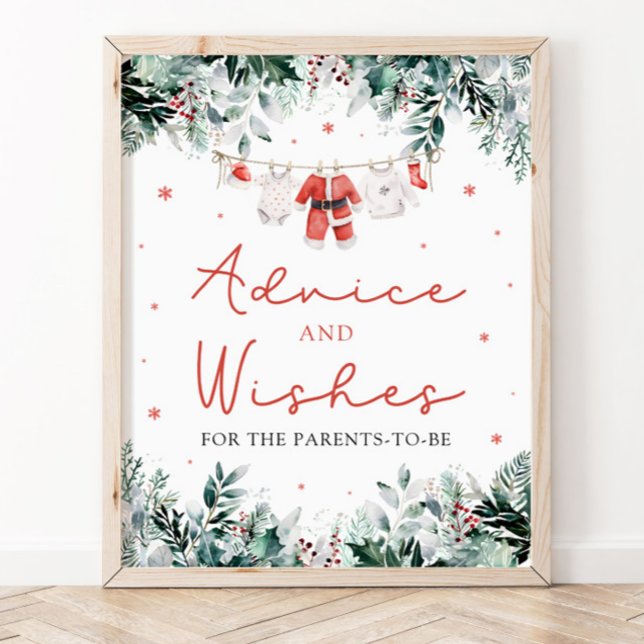 Póster Navidades rojos Santa Baby Shower Consejos y deseo (Watercolor Cute Red Christmas Santa Baby Shower Advice and Wishes Sign)