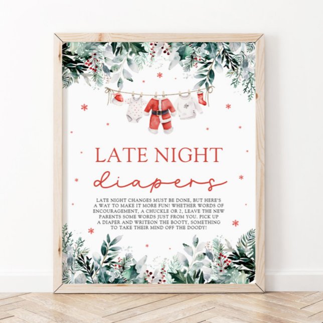Póster Navidades rojos Santa Baby Shower Diapers nocturno (Watercolor Red Christmas Santa Baby Shower Late Night Diapers Sign)