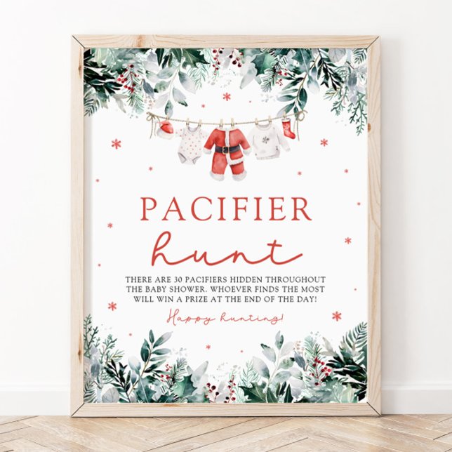 Póster Navidades rojos Santa Bebé Pacificador Caza Baby S (Watercolor Red Christmas Santa Baby Pacifier Hunt Baby Shower Sign)