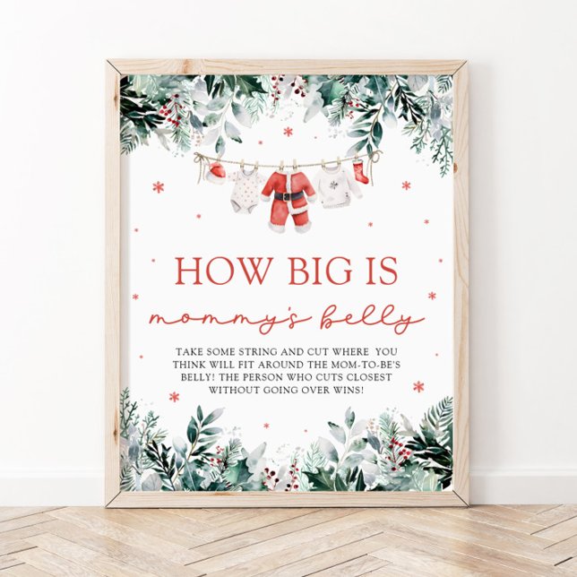 Póster Navidades rojos Santa Bebé qué grande es el Belly  (Watercolor Red Christmas Santa Baby How Big Is Mommy's Belly Sign)