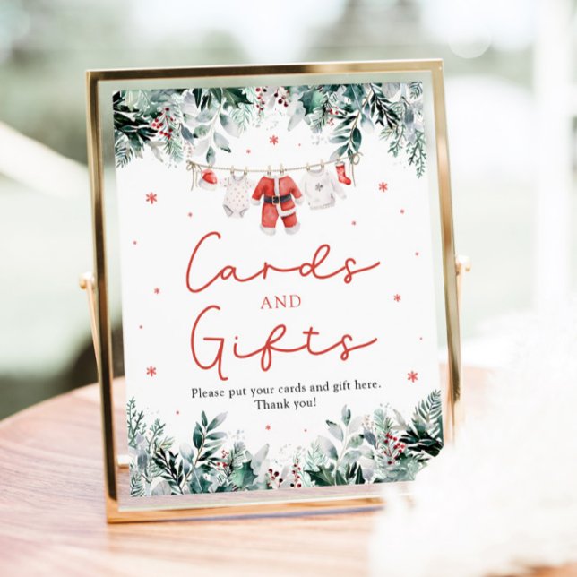 Póster Navidades rojos Tarjetas y Regalos de Santa Baby S (Watercolor Red Christmas Santa Baby Shower Cards and Gifts Sign)