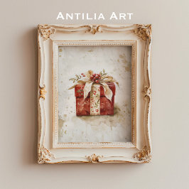 Póster Navidades rojos vintage con caja de regalo Navidad