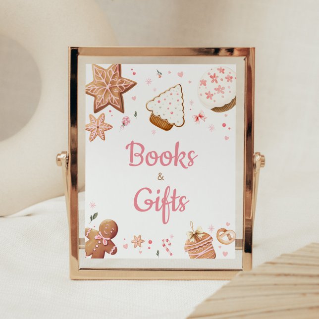 Póster Navidades rosados Libros de cocina y regalos (Christmas Little Cookie Gingerbread Baby Shower Books and Gifts Sign)