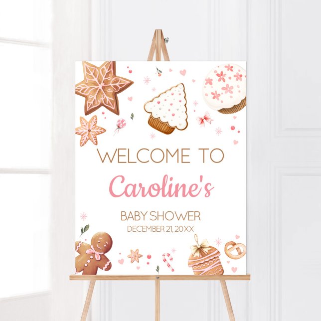 Póster Navidades rosados Pequeña Cookie Bienvenida (Christmas Little Cookie Gingerbread Baby Shower Welcome Sign)