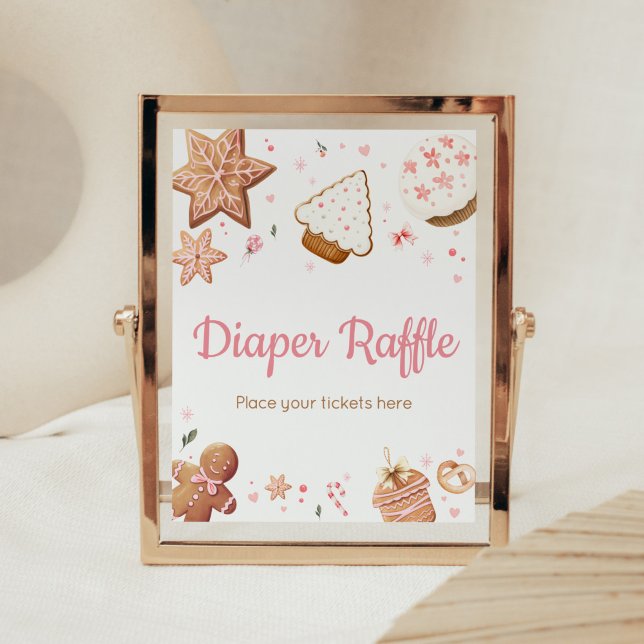 Póster Navidades rosados Pequeña Cookie Diaper Raffle (Christmas Little Cookie Gingerbread Baby Shower Diaper Raffle Sign)