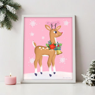 Póster Navidades rosados retro Rudolph Reindeo Imprimir a