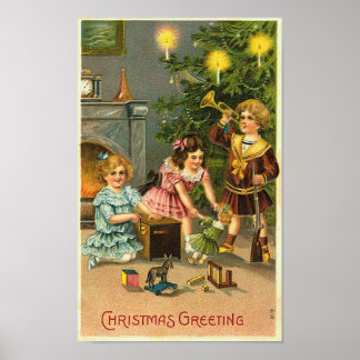 Póster Navidades saludando a niños, árboles, juguetes