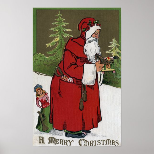 Póster Navidades saludando a Santa con caballo de madera (Frente)
