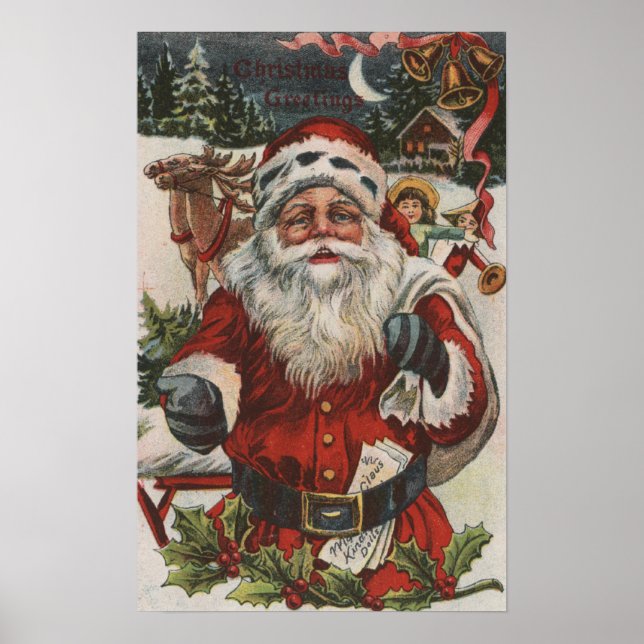 Póster Navidades saludando a Santa con ciervos y niños (Frente)