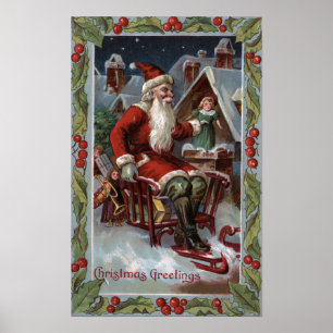 Póster Navidades saludando a Santa en Sleigh
