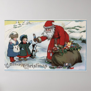 Póster Navidades saludando a Santa y a los niños