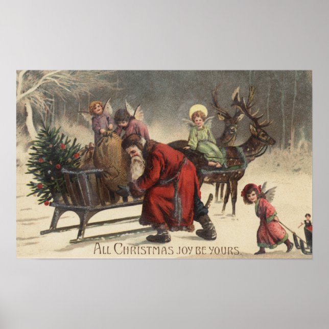 Póster Navidades Saludando a Santa y Sleigh (Frente)