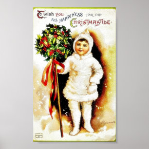Póster Navidades saludando a un niño con hojas sagradas