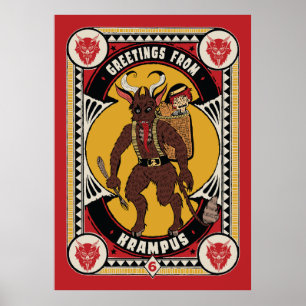 Póster Navidades saludando del Rótulo Krampus llevando ju