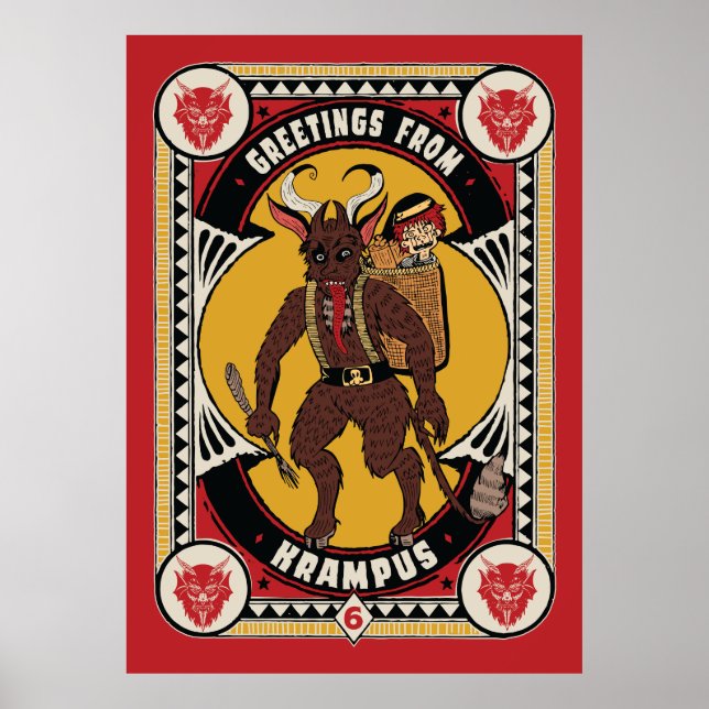 Póster Navidades saludando del Rótulo Krampus llevando ju (Frente)