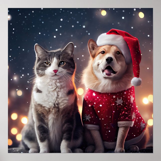 Póster Navidades Santa Cat & Dog Friends (Frente)