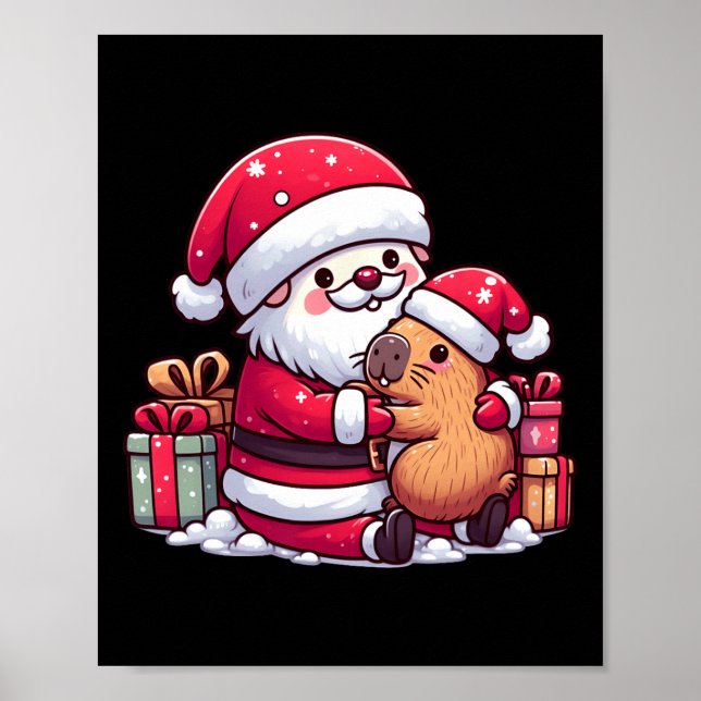 Póster Navidades Santa Claus abrazando un capibara lindo  (Frente)