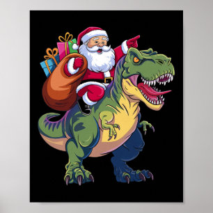 Póster Navidades Santa Riding Dinosaur T-rex Niños a