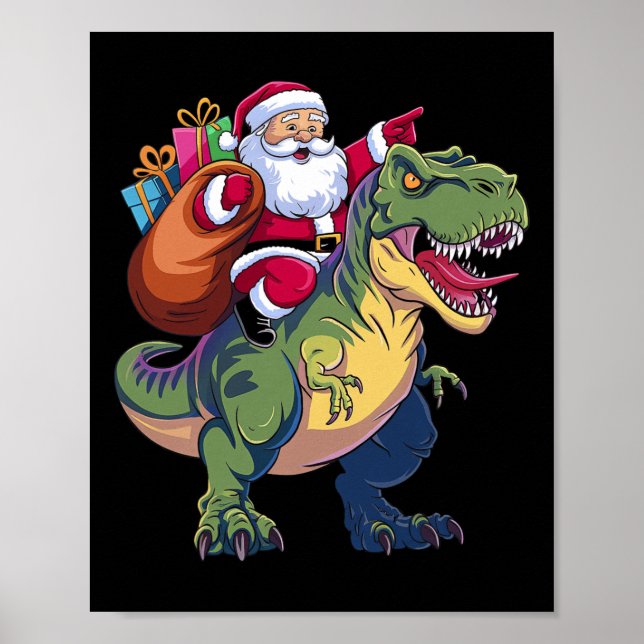 Póster Navidades Santa Riding Dinosaur T-rex Niños a (Frente)