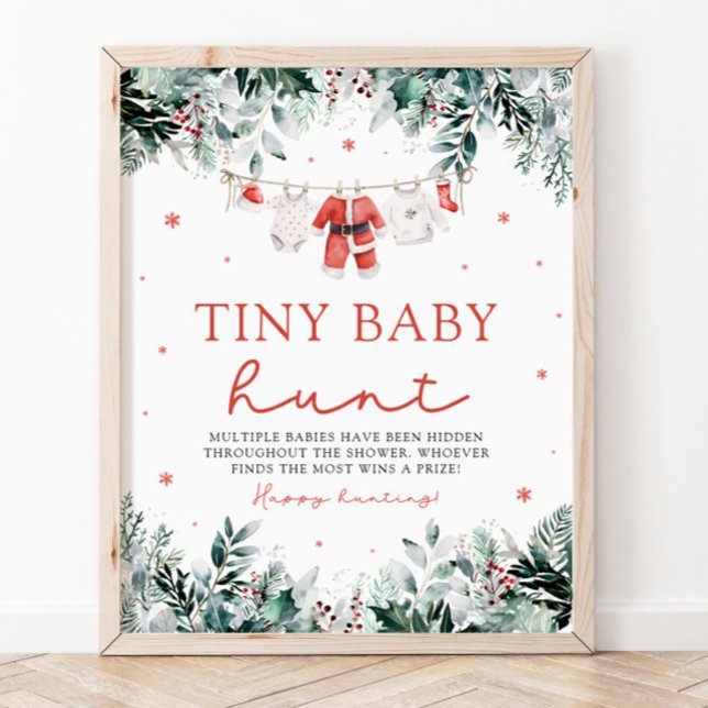 Póster Navidades Santa Ropa Baby Shower Caza de Bebés Peq (Watercolor Red Christmas Santa Clothes Baby Shower Tiny Baby Hunt Sign)