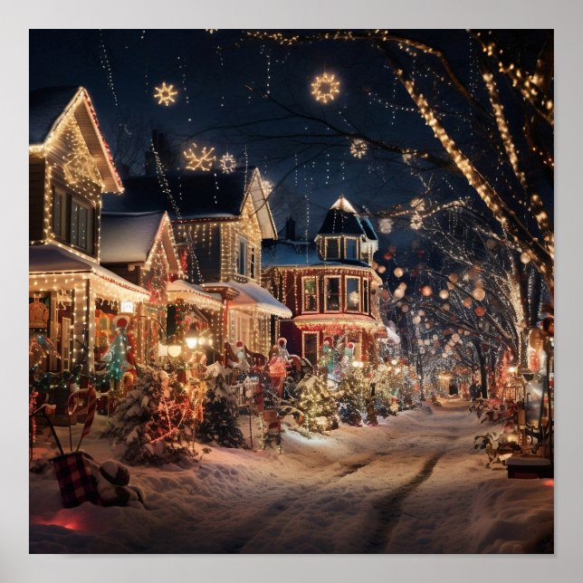 Póster Navidades se iluminan luego de una nieve fresca (Frente)