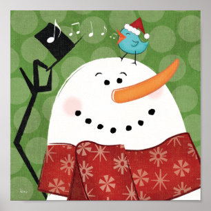 Póster Navidades Snowman con pájaro