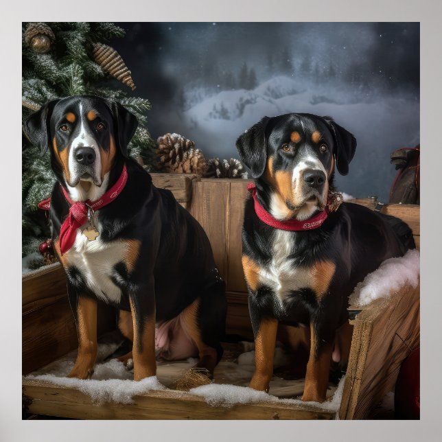 Póster Navidades Snowy Sleigh de la Montaña Suiza Grande (Frente)