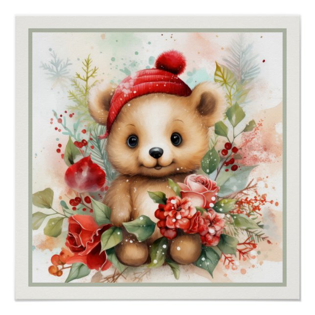 Póster Navidades Teddy Bear Gorra Faux Mat listo para enm (Anverso)