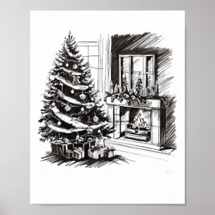 Póster Navidades Tees Xmas Sketch Pic Tree presenta regal