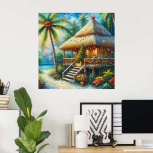 Póster Navidades Tropical Hut Palm Tree Beach Lights