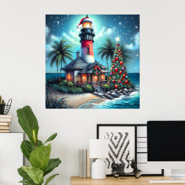 Póster Navidades tropicales caprichosos faro rojo Verde a